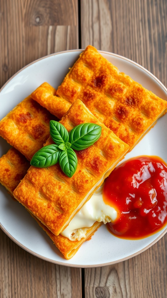 Crispy lasagna fritta served with marinara sauce and fresh basil on a wooden table.